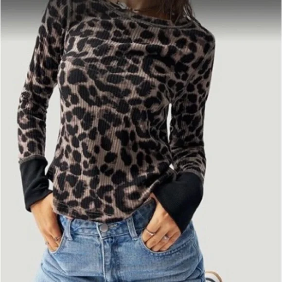 Naileski Women’s Long Sleeve Crew Neck Leopard Print Waffle Knit Top, Sz Large - Picture 6 of 10